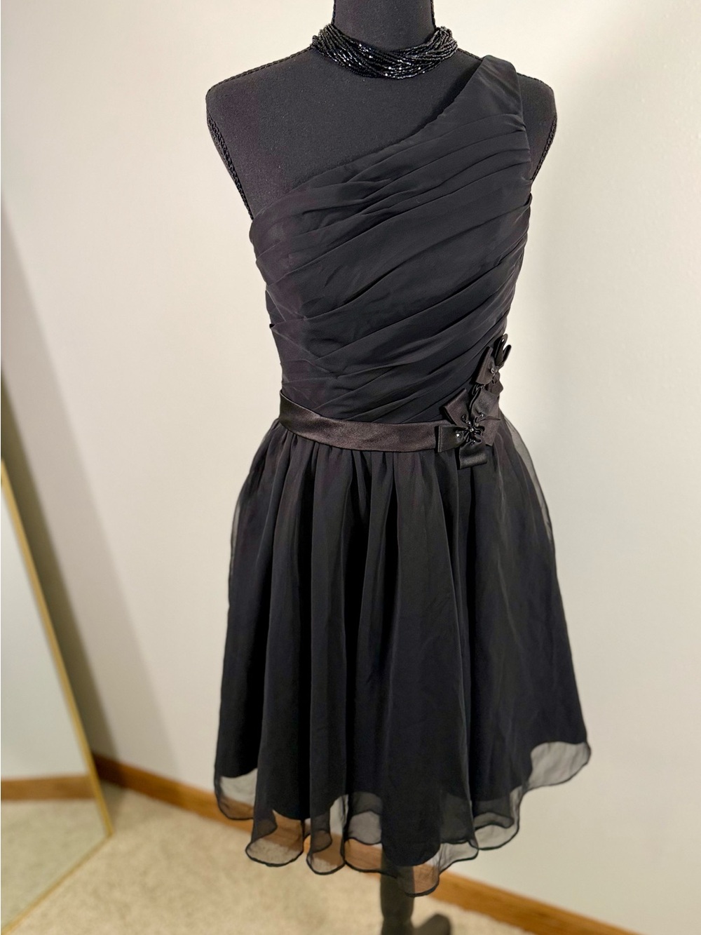 Da Vinci Black One Shoulder Chiffon Cocktail Dress Ruched Bow Formal